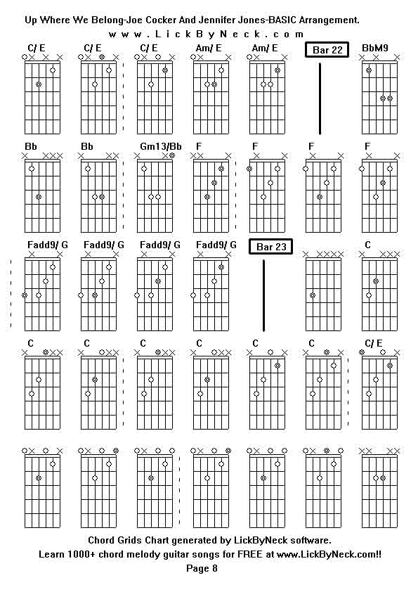 Chord Grids Chart of chord melody fingerstyle guitar song-Up Where We Belong-Joe Cocker And Jennifer Jones-BASIC Arrangement,generated by LickByNeck software.